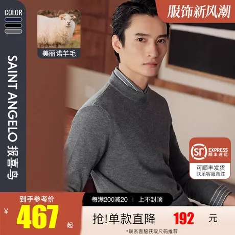 报喜鸟2023秋新款男时尚休闲中领罗纹羊毛衫纯色保暖纯羊毛厚毛衣商品大图