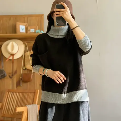 dza 复古高领拼接色厚款针织衫女秋冬内搭毛衣宽松打底衫长袖上衣商品大图