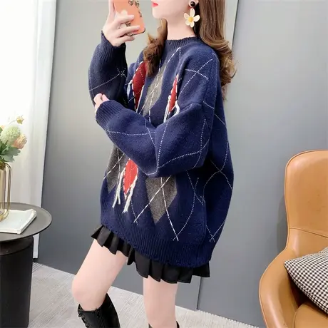 日系复古菱形格圆领毛衣女秋冬2023年新款宽松洋气流苏设计感上衣图片