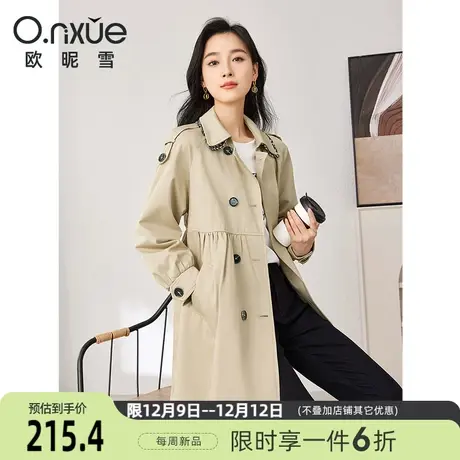 欧昵雪2024春季新品双层翻领风衣外套女中长款双排扣通勤韩版时尚图片