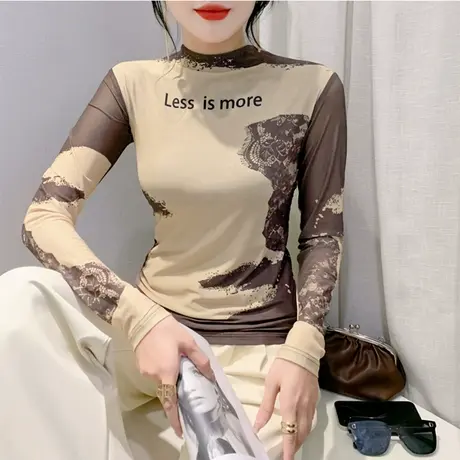 欧货半高领打底衫长袖秋冬2024新款网纱时尚气质减龄上衣女T恤潮商品大图