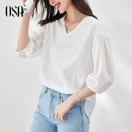 OSA欧莎白色五分袖v领雪纺衫女夏季2022年新款宽松遮肚子小衫上衣商品大图