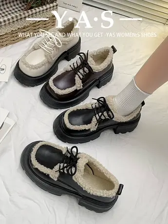 黑色厚底加绒小皮鞋女2023冬季新款复古英伦风百搭日系jk保暖棉鞋商品大图