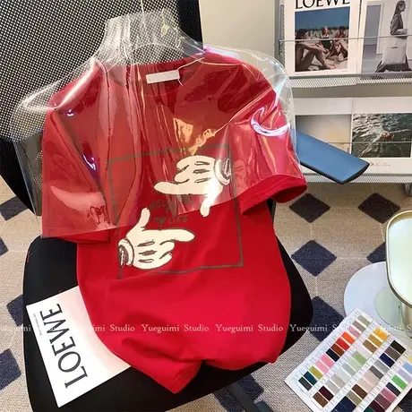 打底衫红色短袖t恤女春季2024新款宽松百搭内搭辣妹设计感上衣ins图片