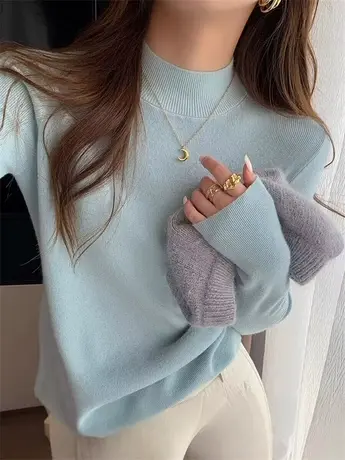 蓝色半高领针织衫毛衣内搭女秋冬打底衫2024新款修身长袖中领上衣商品大图