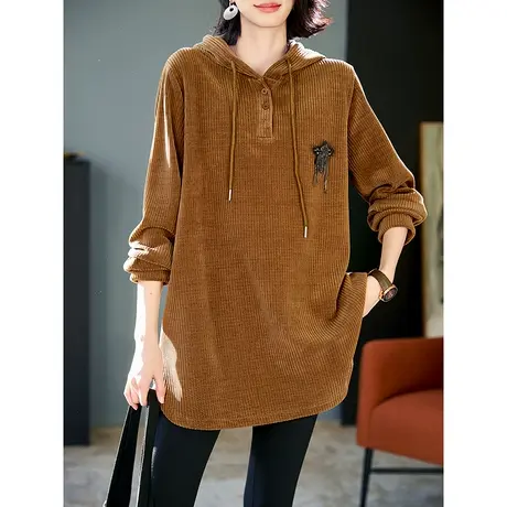 宝诗黎连帽中长款灯芯绒卫衣2024春季宽松显瘦上衣新款减龄女装图片