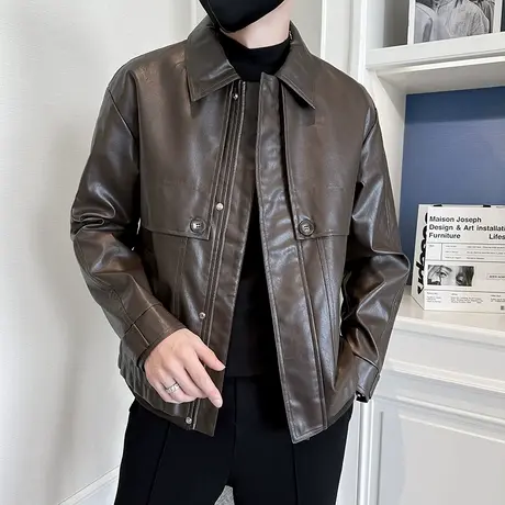 男士皮衣外套2023秋冬季新款潮牌复古翻领痞帅防风机车服皮夹克潮商品大图