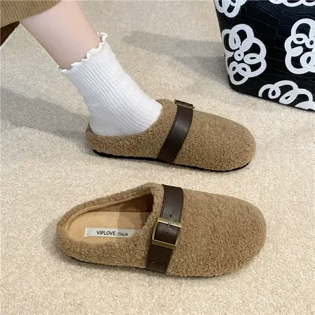 包头半拖勃肯毛毛鞋女外穿2024年秋冬新款平底一脚蹬加绒孕妇棉拖商品大图