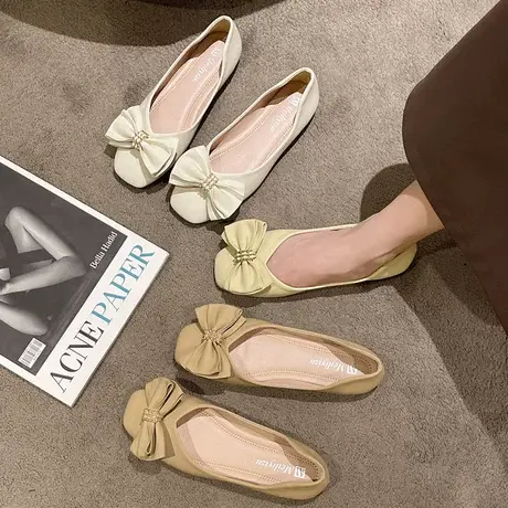 温柔风蝴蝶结豆豆鞋女配裙子2024年春秋新款软底浅口平底上班单鞋商品大图