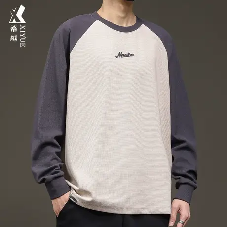 希越美式拼接长袖T恤男2024春季新款300g重磅宽松大码男士打底衫商品大图