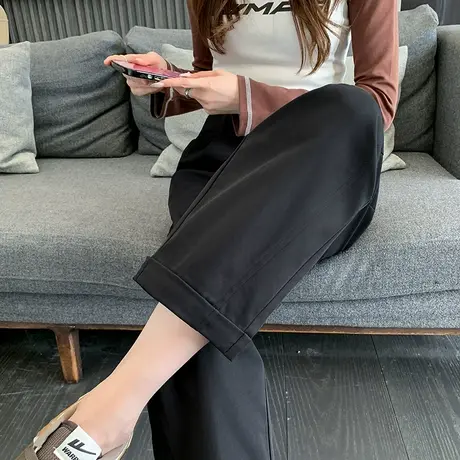 黑色九分直筒休闲裤女2024春秋新款高腰显瘦阔腿窄版休闲哈伦裤子商品大图