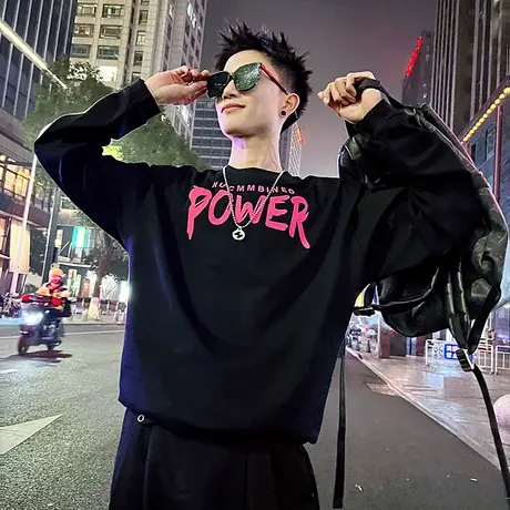 美式高街潮牌字母印花卫衣男春季2024新款重磅宽松圆领t恤长袖潮t商品大图