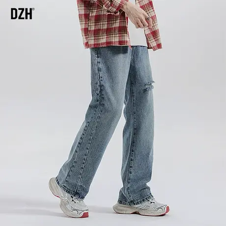 青少年蓝色破洞牛仔裤男春季宽松直筒2024新款裤子休闲百搭高街裤商品大图