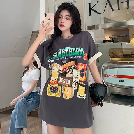 t恤连衣裙女夏季宽松大码美式复古小众设计感短袖中长款上衣潮ins图片