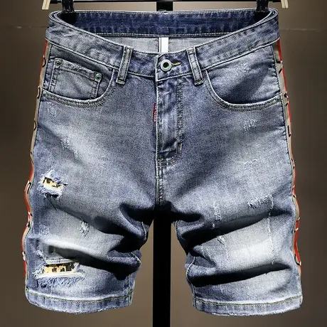 夏季刺绣破洞牛仔短裤男轻奢潮牌五分裤韩版潮流马裤中裤男生百搭商品大图