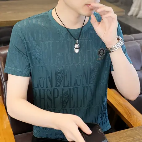 夏季男士冰丝短袖T恤2023夏季新款烫钻提花半袖加肥加大码体恤衫商品大图