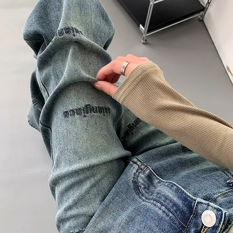 复古直筒牛仔裤女春秋新款高腰宽松显瘦字母刺绣怀旧窄版阔腿裤子商品大图