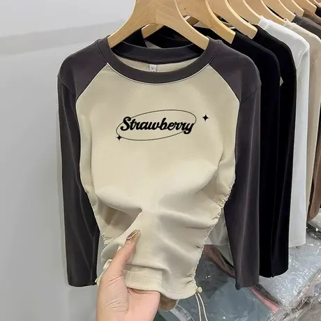 插肩袖长袖t恤女春秋2024年新款洋气设计感抽绳短款上衣美式正肩商品大图