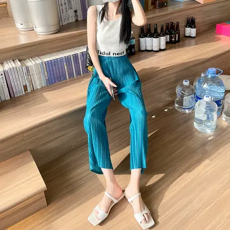 褶皱阔腿裤女2024春夏季薄款垂感九分裤直筒裤百褶裤子风琴休闲裤商品大图