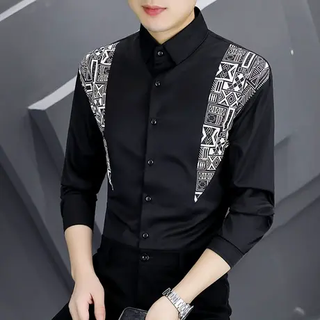 个性拼接秋季长袖衬衫男士修身几何潮流衬衣服发型师网红夜店寸衫商品大图