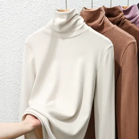 高领德绒打底衫女2023秋冬新款内搭白色洋气加绒长袖t恤薄绒上衣商品大图