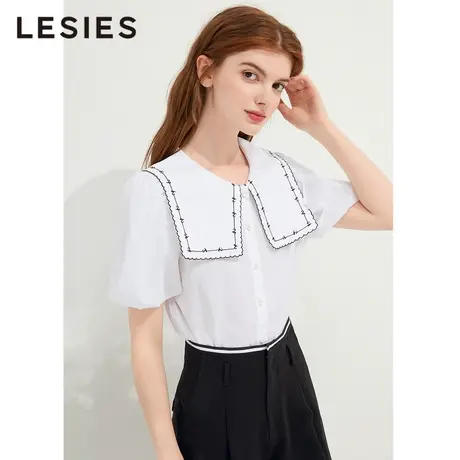 蓝色倾情春秋装新款女装白色绣花翻领全棉短袖衬衫设计感上衣商品大图