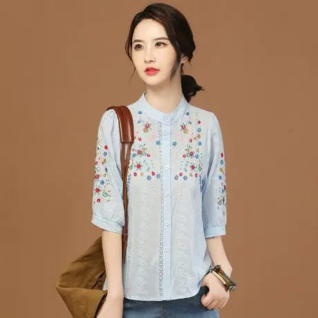 韩潮袭人立领宽松休闲刺绣五分袖衬衫女2023夏季新款衬衣设计感薄商品大图
