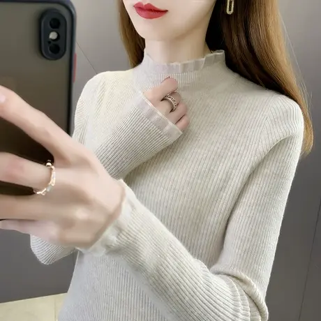 蕾丝半高领打底衫女秋冬2023年新款女士毛衣内搭春秋显瘦针织上衣图片