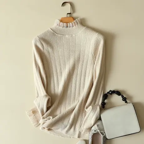 秋冬新款蕾丝拼接半高领针织衫女士洋气纯色内搭打底衫显瘦毛衣女商品大图