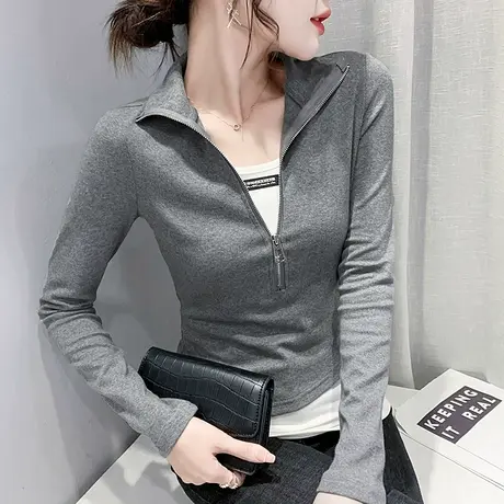 时尚拉链T恤女装洋气别致假两件上衣修身百搭打底衫女长袖春秋潮商品大图