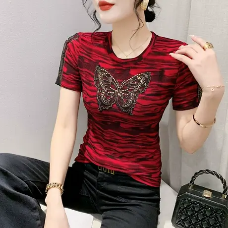 欧货印花T恤女短袖2023夏季新款网纱拼接小衫设计感烫钻修身上衣图片