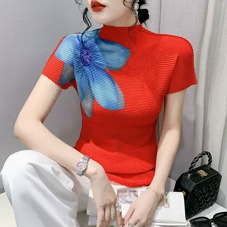 复古印花T恤女短袖2023夏季新款性感网纱小衫时尚洋气半高领上衣商品大图