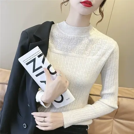 半高领蕾丝打底衫内搭2023夏季新款洋气修身针织洋气百搭修身上衣商品大图