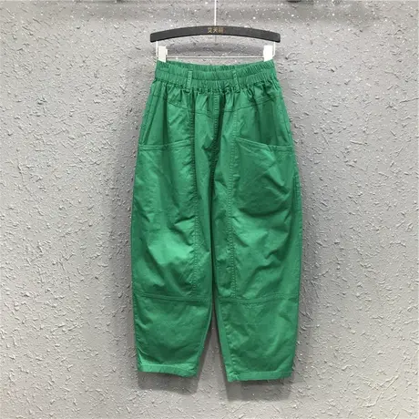 洋气绿色欧货阔腿老爹裤女春夏新款港味休闲简约薄款八分哈伦裤潮图片