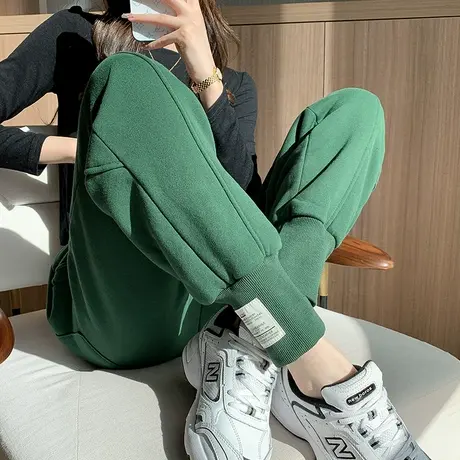 绿色加绒运动裤女秋冬2023年新款高腰宽松显瘦九分休闲束脚哈伦裤商品大图