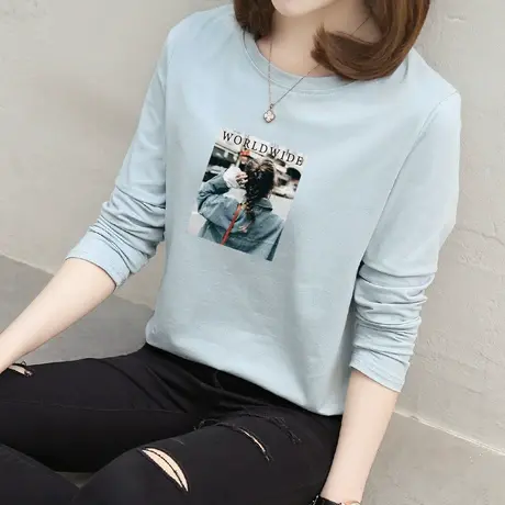 202年新款春装长袖t恤女潮女装打底衫宽松韩版百搭纯棉蓝色上衣图片