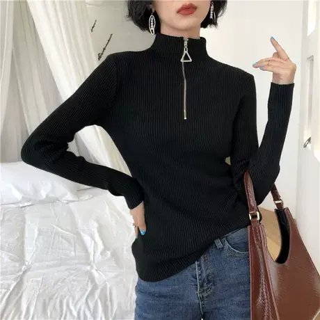 小个子春秋季休闲时尚宽松显瘦拉链半高领上衣纯色百搭针织衫女装商品大图
