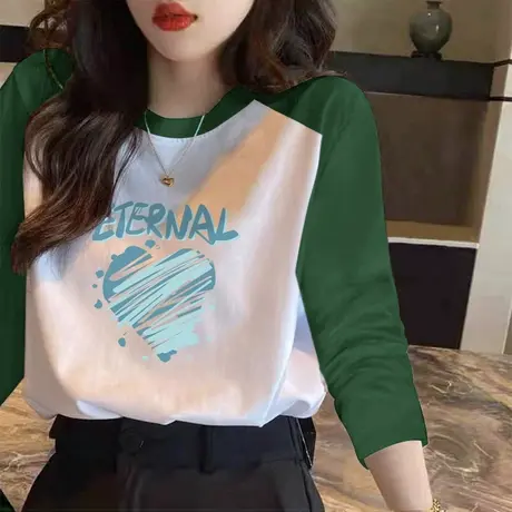 早秋新款长袖t恤女纯棉宽松卡通印花上衣插肩袖拼色打底衫秋衣潮图片