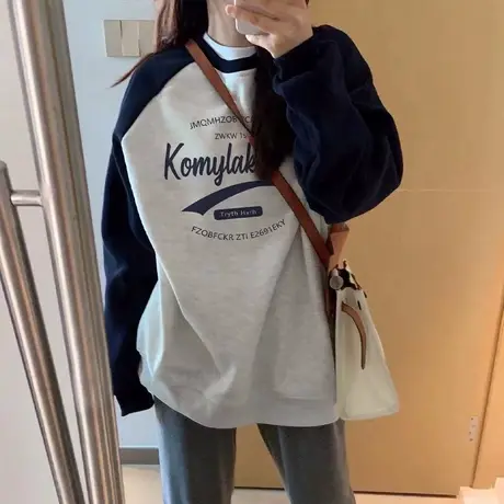 美式复古hiphop卫衣女春秋薄款宽松拼接设计感小众上衣慵懒风外套商品大图