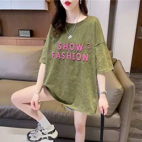 纯棉短袖t恤女夏装韩版宽松大码中长款小众设计感水洗做旧上衣服图片