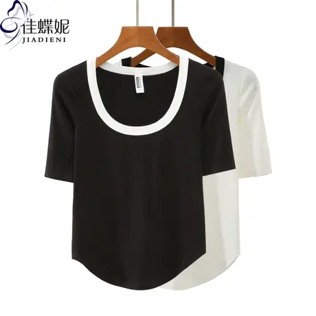 早春撞色圆领短袖T恤上衣纯色螺纹棉半修身打底衫韩版不规则弧摆商品大图