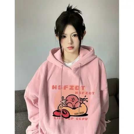 粉色连帽卫衣女秋冬加绒加厚美式复古宽松潮oversize外套春秋薄款商品大图