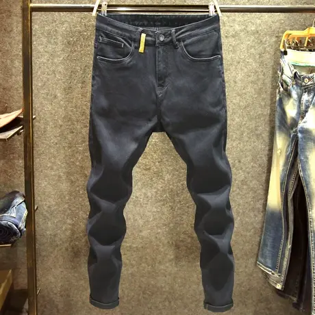 黑色修身韩版牛仔裤男潮牌弹力小脚裤子潮流百搭双耳扣设计小黑裤商品大图