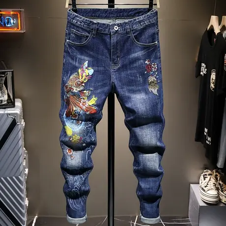 夏季薄款潮牌中国风刺绣花牛仔裤男修身小脚男士国潮长裤子男百搭商品大图