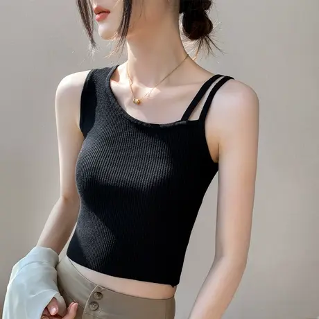 不规则斜肩背心女2025春夏新款修身漏锁骨吊带内搭短款竖纹打底衫商品大图
