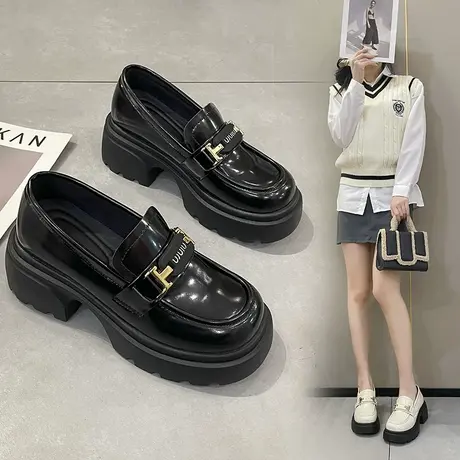 黑色厚底乐福鞋小皮鞋女2024春季新款英伦风增高一脚蹬单鞋女鞋子图片