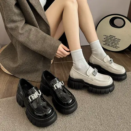 厚底百搭乐福鞋女2024年春新款懒人一脚蹬单鞋复古英伦粗跟小皮鞋商品大图