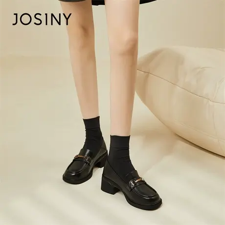 Josiny/卓诗尼黑色乐福鞋女2024新款春季厚底小皮鞋增高单鞋粗跟商品大图