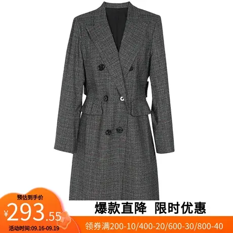 【艾格】2023春季新款女西装领网格双排扣中长款风衣小个子大衣商品大图