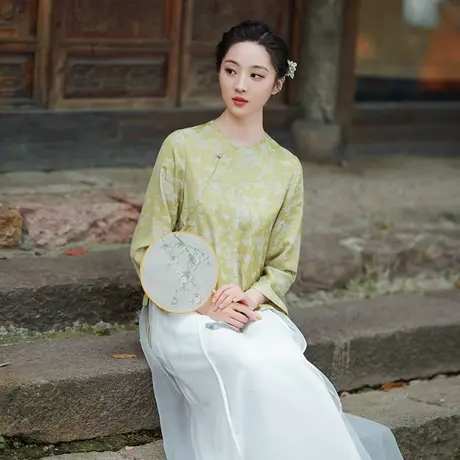 素飞改良茶服2023秋季新款复古唐装圆领暗纹提花长袖上衣绿色茶服商品大图